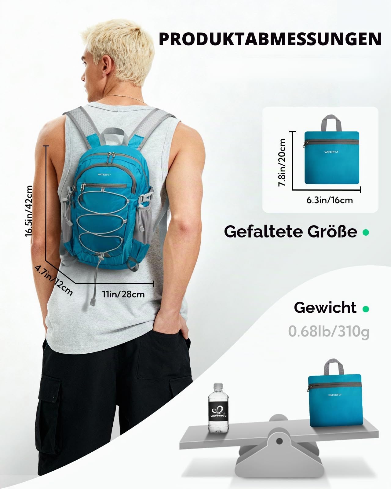 WATERFLY Rucksack Klein Faltbarer Rucksack: 15L Ultraleicht Wanderrucksack Foldable Backpack mit Atmungsaktiver Schultergurt Outdoor Sportlich Tagesrucksack für Wandern Travel Herren Damen