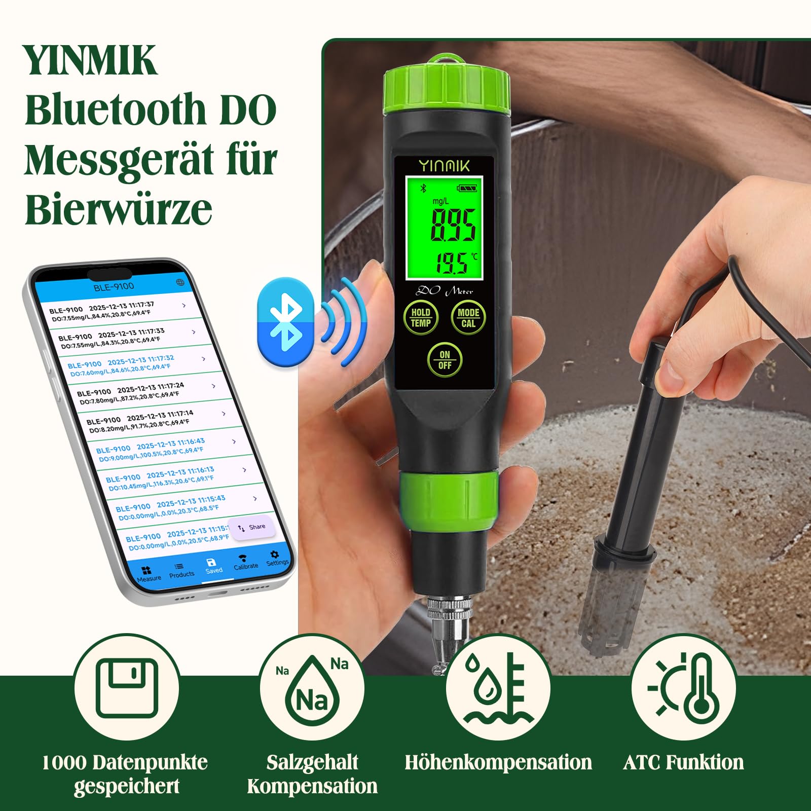 YINMIK Intelligentes Sauerstoff Messgerät Tragbares Sauerstoff Messgerät | Aquaponik Sauerstoff Test Set, Digitaler Sauerstoff Tester Wasser für Aquarium Fischbecken Hydrokultur Bierwürze Teiche