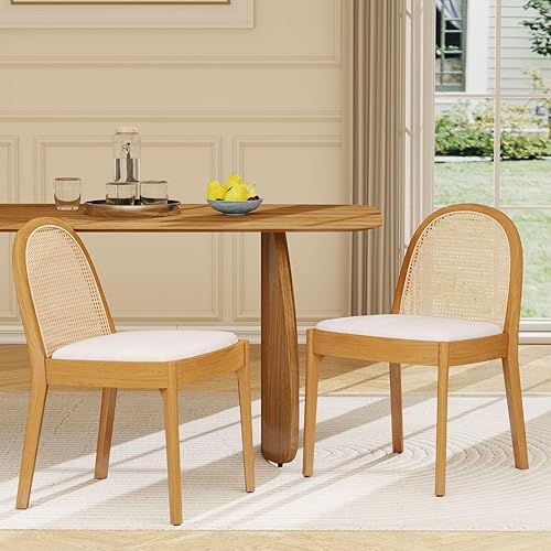 LukeAlon Juego de 2 sillas de comedor de lino, sillas laterales de caña tejida natural con patas de madera maciza, sillas de comedor de mediados de