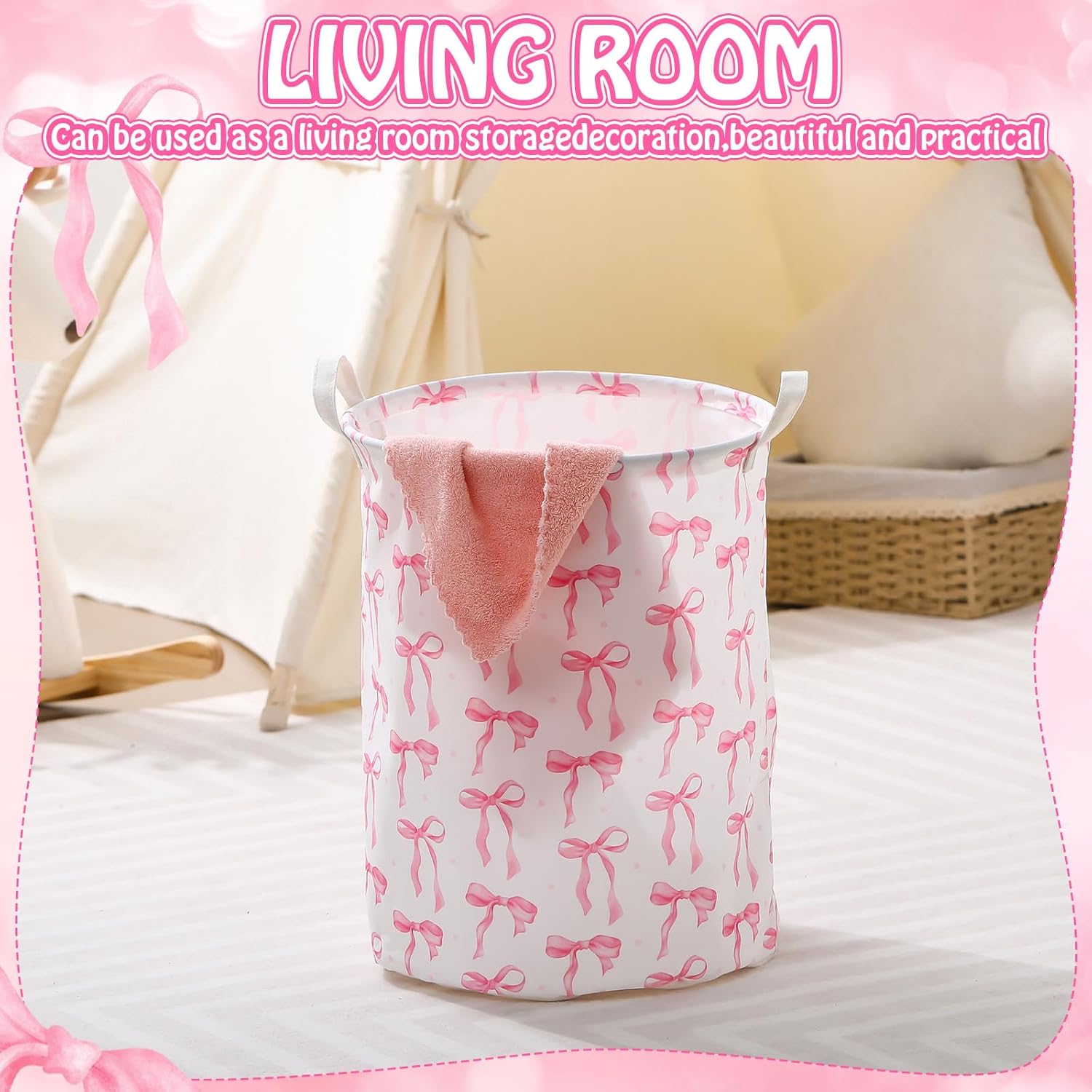 Coquette Pink Bow Laundry Basket Pink Bow Nursery Laundry Basket Hamper Waterproof Collapsible Storage Bin Organizer for Bedroom Bathroom Room Dorm Clothes Toys - Image 2