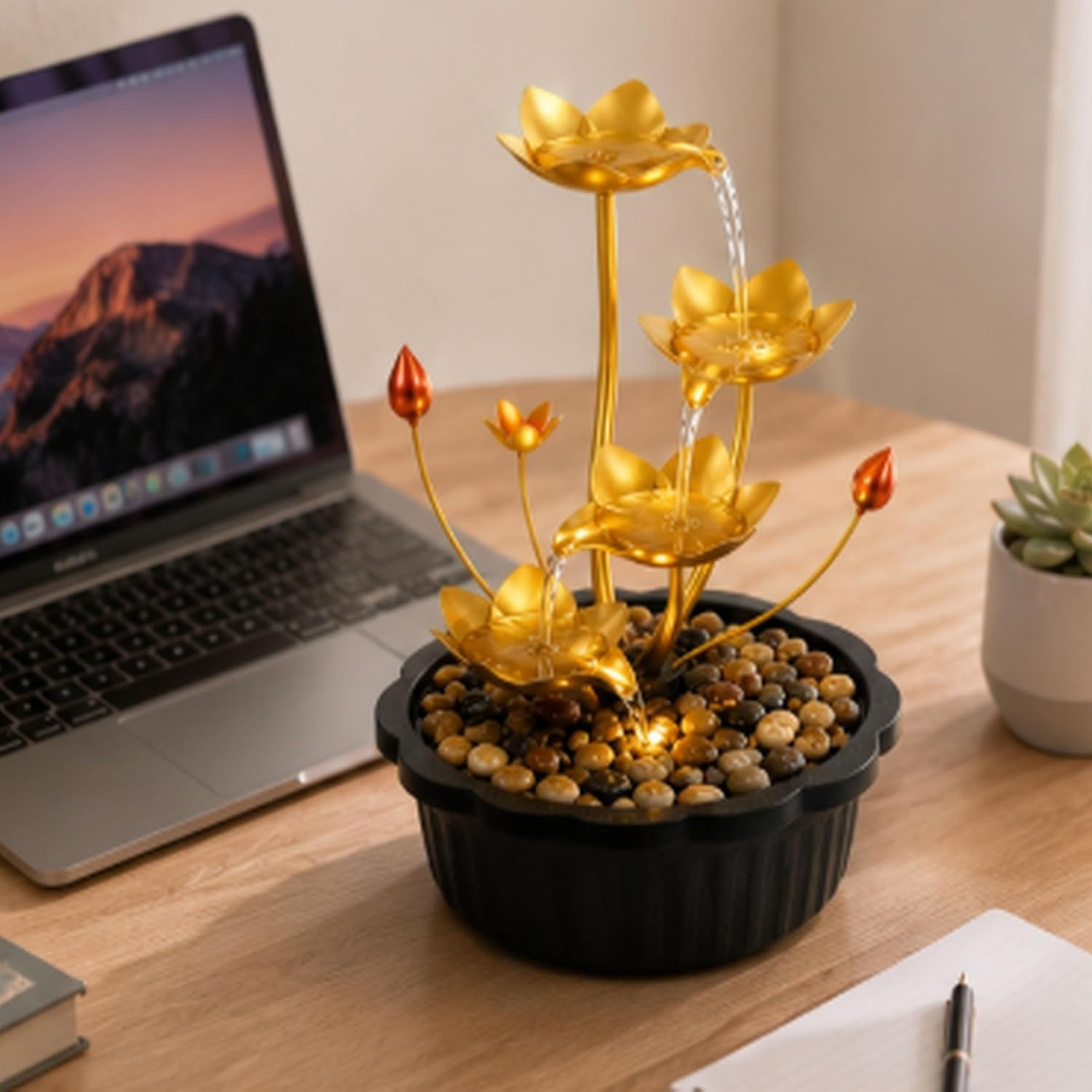 12" Tabletop Water Fountain with LED, Golden Lotus Indoor Water Feature, Zen Decor Electric Desk Fountain for Office, Bedroom, Relaxation, USB Powered with Plug Adapter