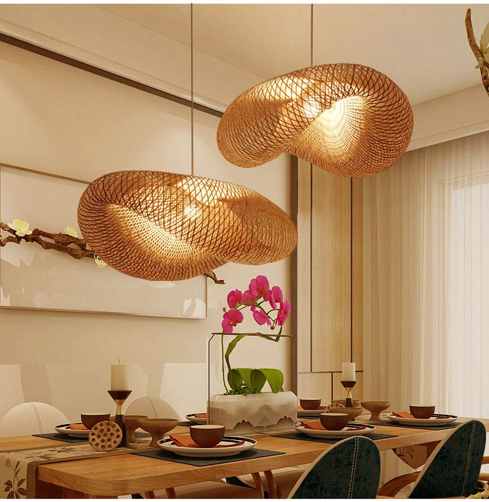 CHENKUI Pantalla De Lámpara De Estilo Geométrico De Araña Arte De Bambú Moderno 1 Luz, Lámpara Colgante De Techo De Ratán Tejido Accesorios De Iluminación De Techo De Decoración Nido De Pájaro Mimbre
