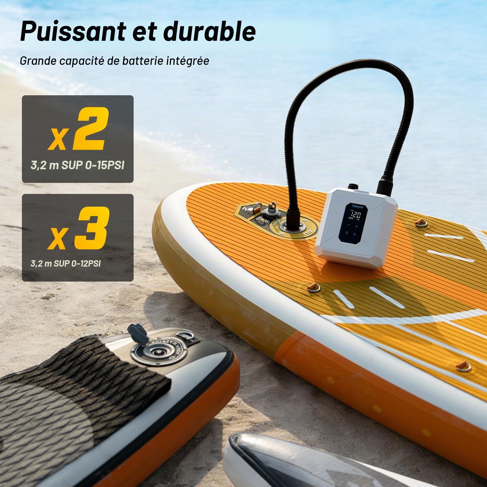 TOPUMP Pompe Électrique pour Paddle sans Fil 20PSI à Batterie | Portable, Rechargeable, gonflage rapide, deux étages, gonflage et dégonflage, arrêt automatique, 7 buses, pour SUP, kayak