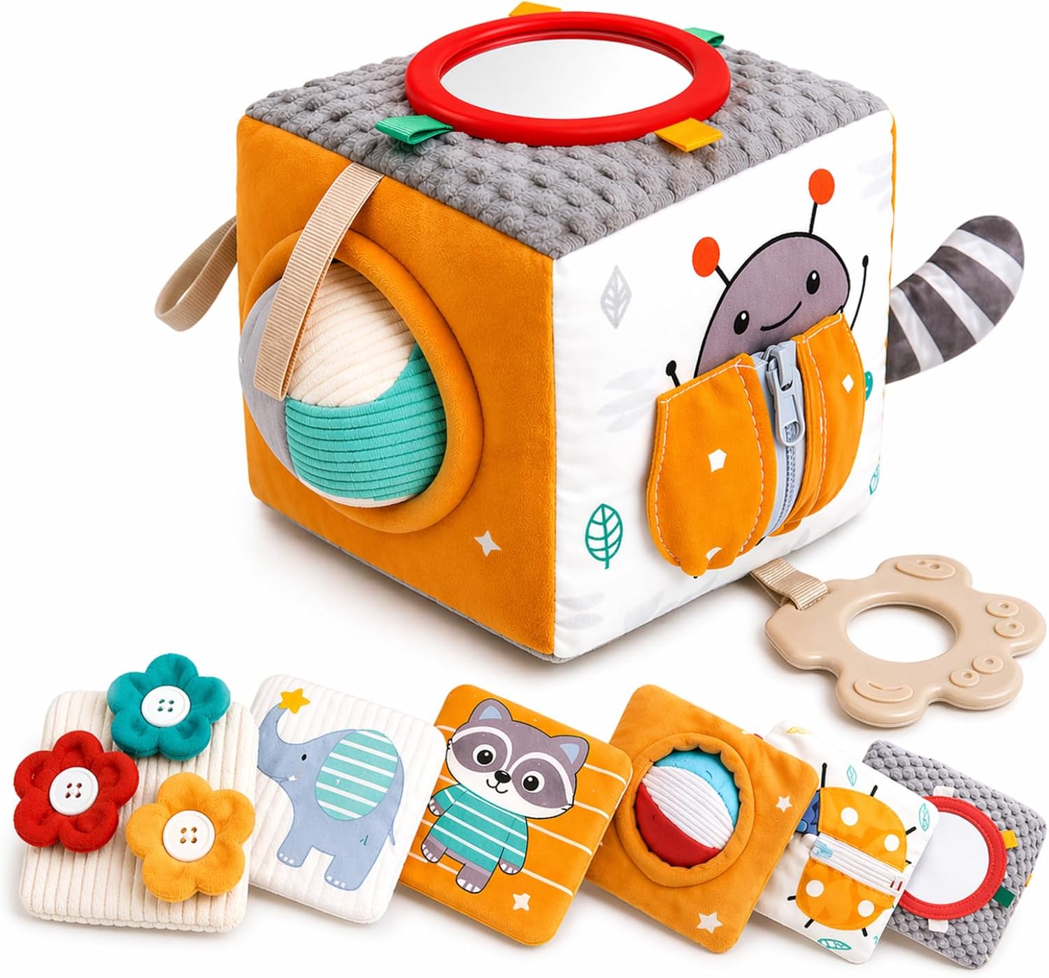 Baby Activity Cube Toy 8-in-1 for Babies 6-12 Months | Montessori Sensory Cube with Mirror, Teether, Crinkle Textures & Fine Motor Activities | Soft Busy Cube Toy for Toddler