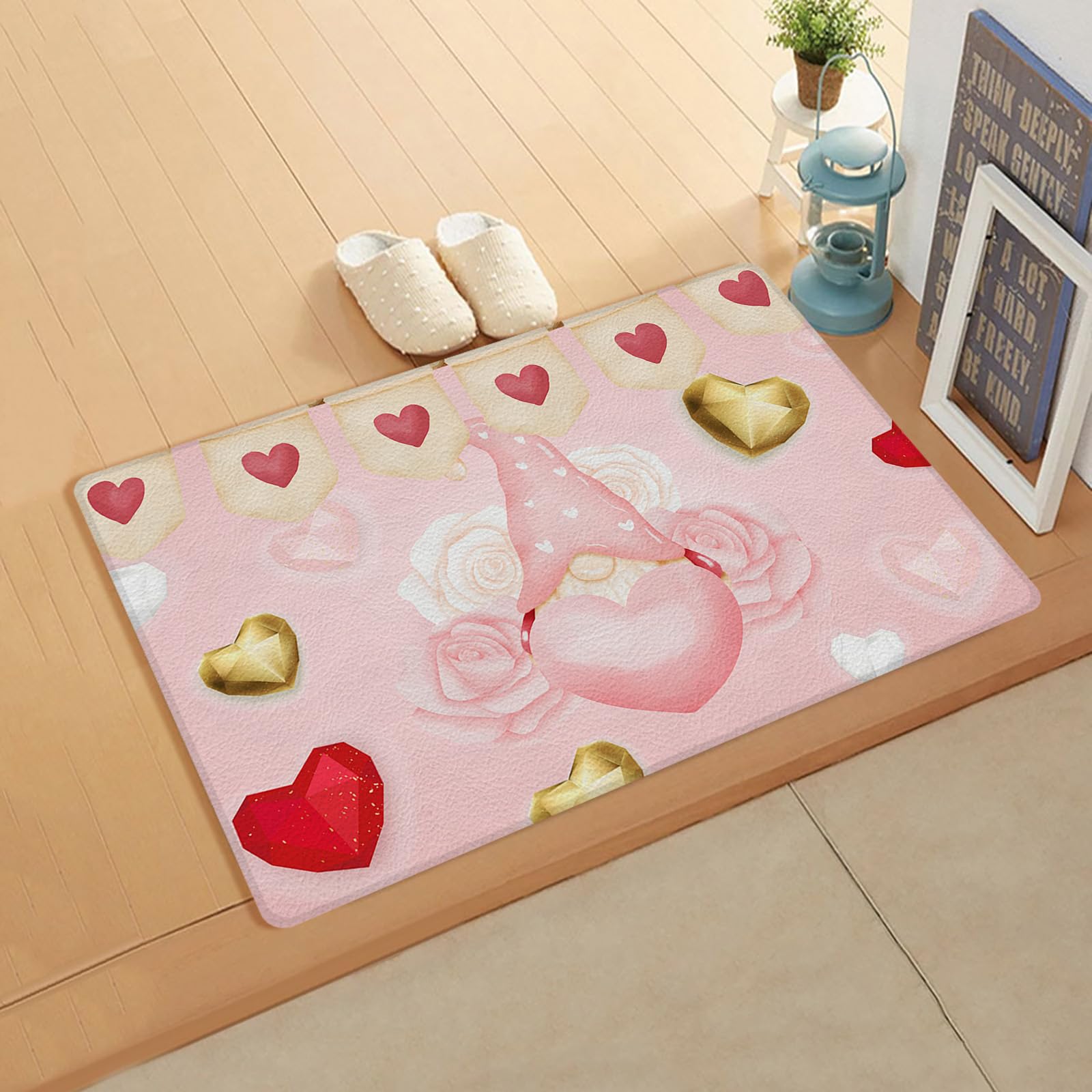 Valentine's Gnomes Kitchen Bath Door Mat Cushioned Runner Rug, Washable Welcome Floor Sink Antifatigue Mat, Waterproof & Non-Slip Comfort Standing Doormat for Kitchen,Gold Red Love Pink Rose 18
