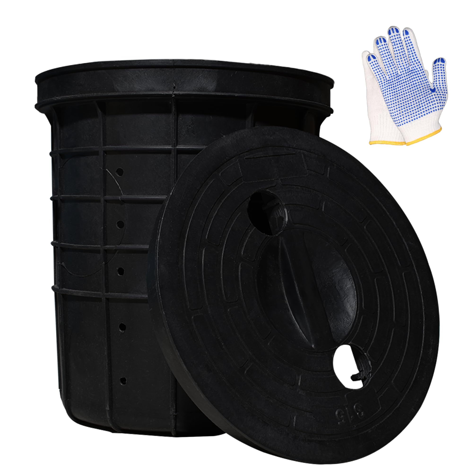 Cuenca perforada con tapa, cubeta perforada para bomba de sumidero con agujeros perforados para espacios de arrastre, patios, entradas y sótanos (18.5 x 16.9 x 15.7 pulgadas)