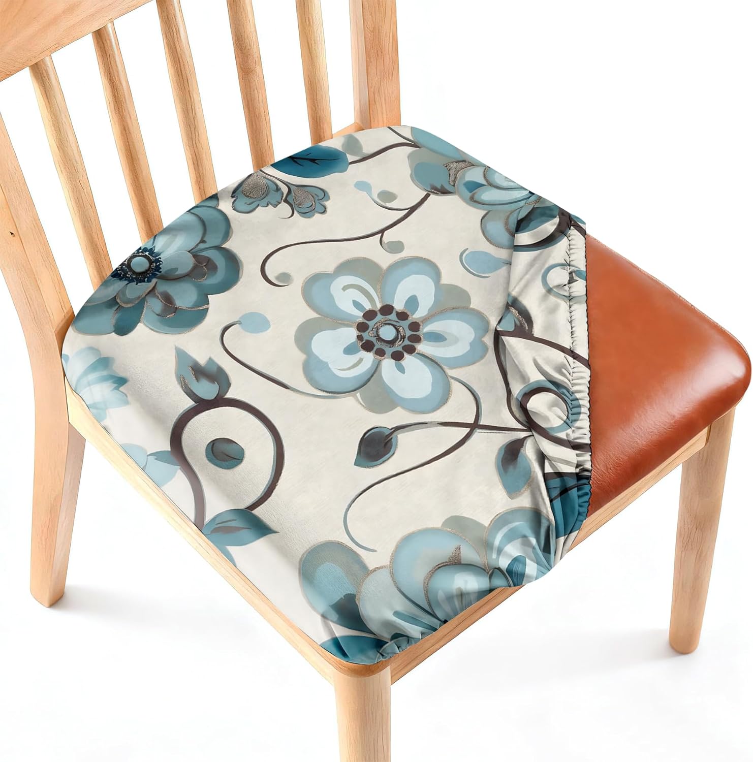 NYZE Stretch Dining Chair Seat Covers Set of 4, Removable Washable Chair Seat Protector, Soft Elastic Dining Room Seat Covers for Kitchen Chairs (Flower 2, Set of 4)