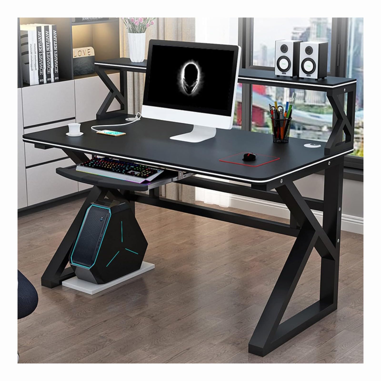 WDSOPK Computer desk Home Office Desk Desk Home Office Desks with Bookshelf Modern Simple Study Writing Desk with Sturdy Metal Frame Writing Study Workstation（Black-47In）