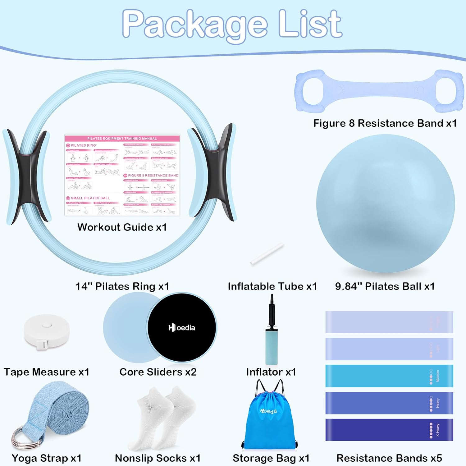 Hoedia 17 PCS Pilates Kit for Women, Pilates Equipment Ring and Ball Set with Resistance Bands, Yoga Strap, Core Sliders, Socks, Bag & Guide for Starter Home Workout Fitness Gym Essentials - Image 2