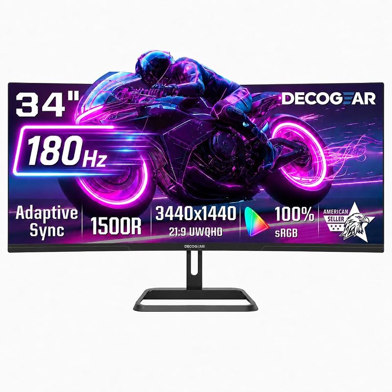 Deco Gear 34 Inch Curved Gaming Monitor, 180Hz UWQHD 3440x1440 21:9 VA Display, 1ms MPRT, Adaptive Sync, 1500R, HDR Ready, 100% sRGB, Dual HDMI, DisplayPort 1.4, VESA Mount, Office & Workspace Setup