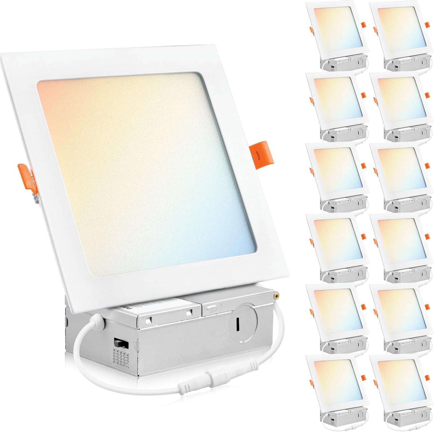 PARMIDA (12 Pack) 6 Inch Square 5CCT Ultra Thin LED Recessed Lighting with Junction Box, 2700K/3000K/3500K/4000K/5000K 5 Color Selectable, 12W, Dimmable, Canless Wafer Slim Panel Lights, IC Rated, ETL