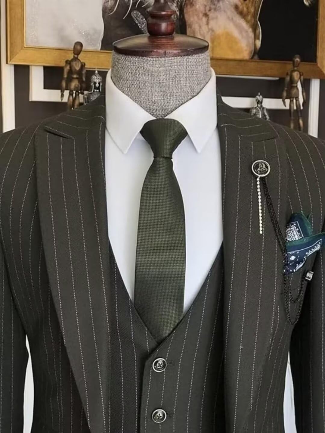 3 Piece Mens Pinstripe Suit Slim Fit Business Formal Suits Groom Wedding Suit Prom Party Tuxedo for Men