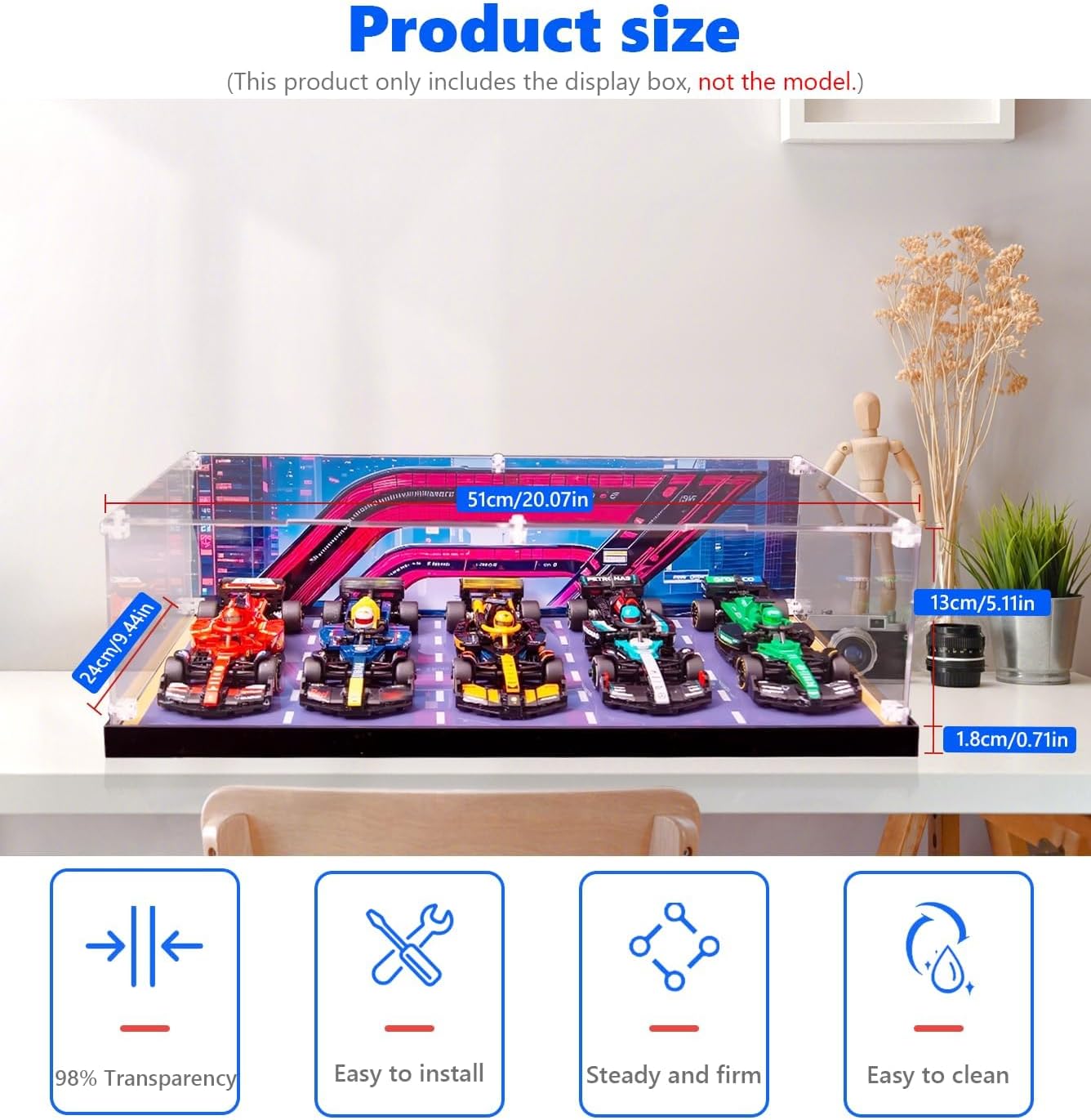 acrylic display case compatible with lego speed champions f1 5in1 collector's pack(car not included) wall mount compatible with lego 66802 collectible f1 model car kit 20.07x9.44x5.12in
