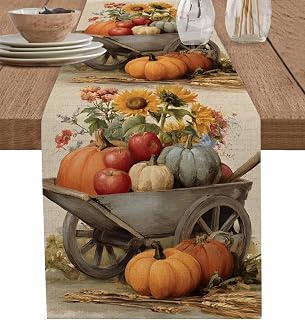 DecorLovee Vintage Pumpkins Fall Table Runners 60 Inches Long, Thanksgiving Floral Oil Painting Farmhouse Table Runner Dress Scarves, Decorative Coffee Tablerunner for Kitchen Island/Party 13"x60"