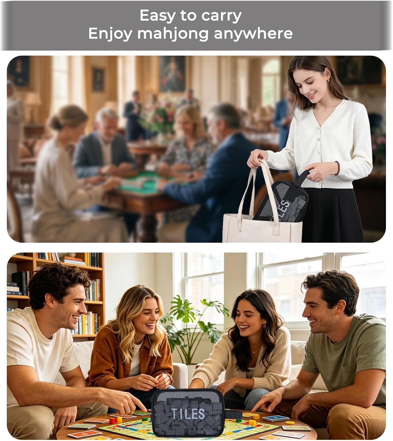 Mahjong Tile Bag with Zipper, Lightweight & Thickened Mesh Fabric Mahjong Bag with Handle Holds 166 Tiles (1.2") Mahjong Gifts for Women, Perfect for Travel, Gatherings,9.4 x 6.2 x 4.3 inch (Black)