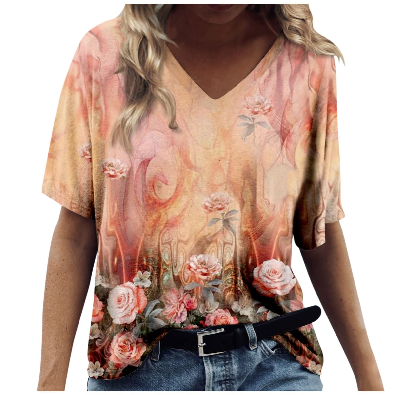 Cool Short Sleeved Spring Plus Size Pullovers Ladies Fancy Skiing Polyeste T Shirt V Neck Flower Fit Pullover Women