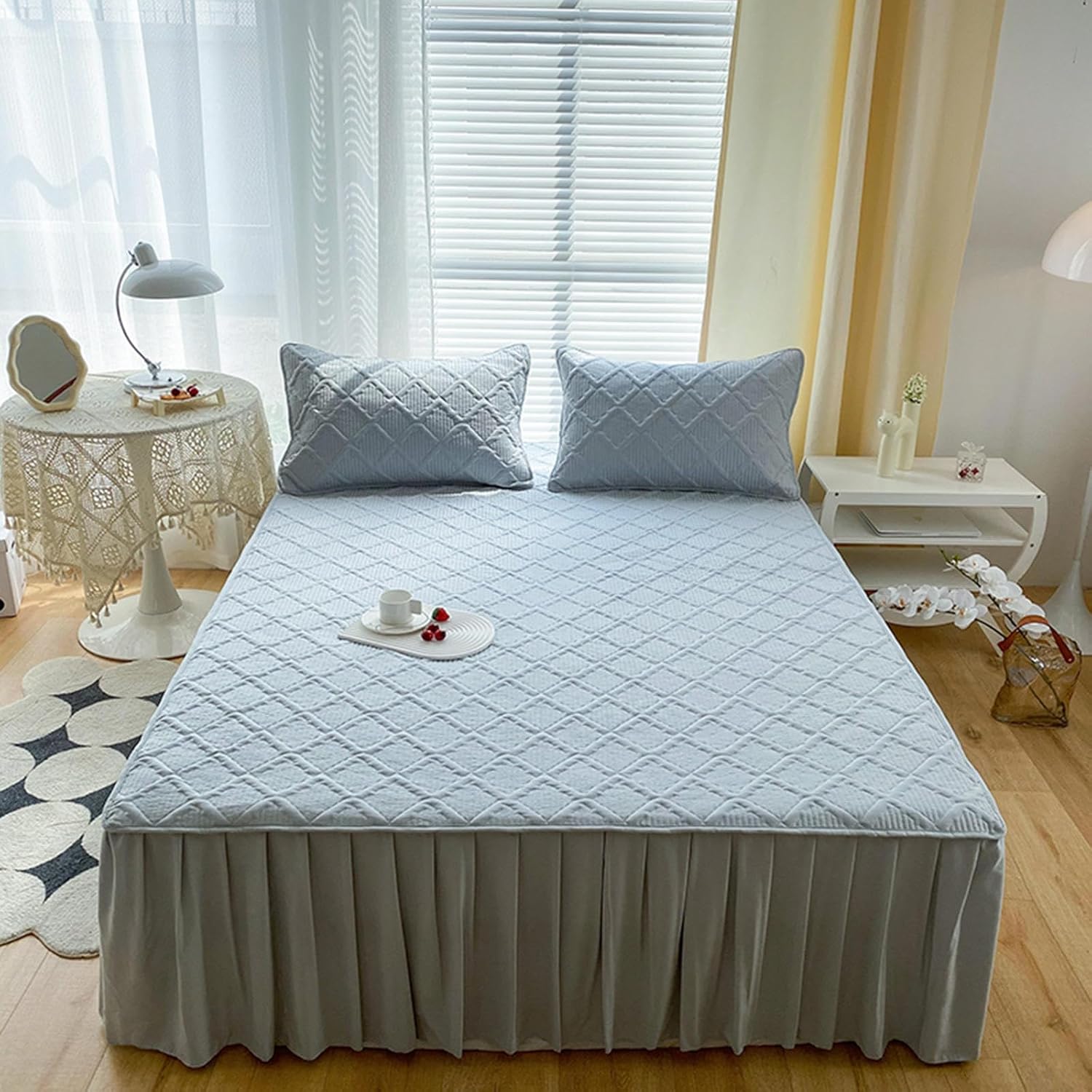 Mattress protector Mattress Topper Cover Quilted Mattress Protector Breathable Washable 360° All-inclusive Fitted Sheet Mattress Encasement Pad with 45cm Skirt,Blue-2xpillowcase(Purple,90x190+45cm)