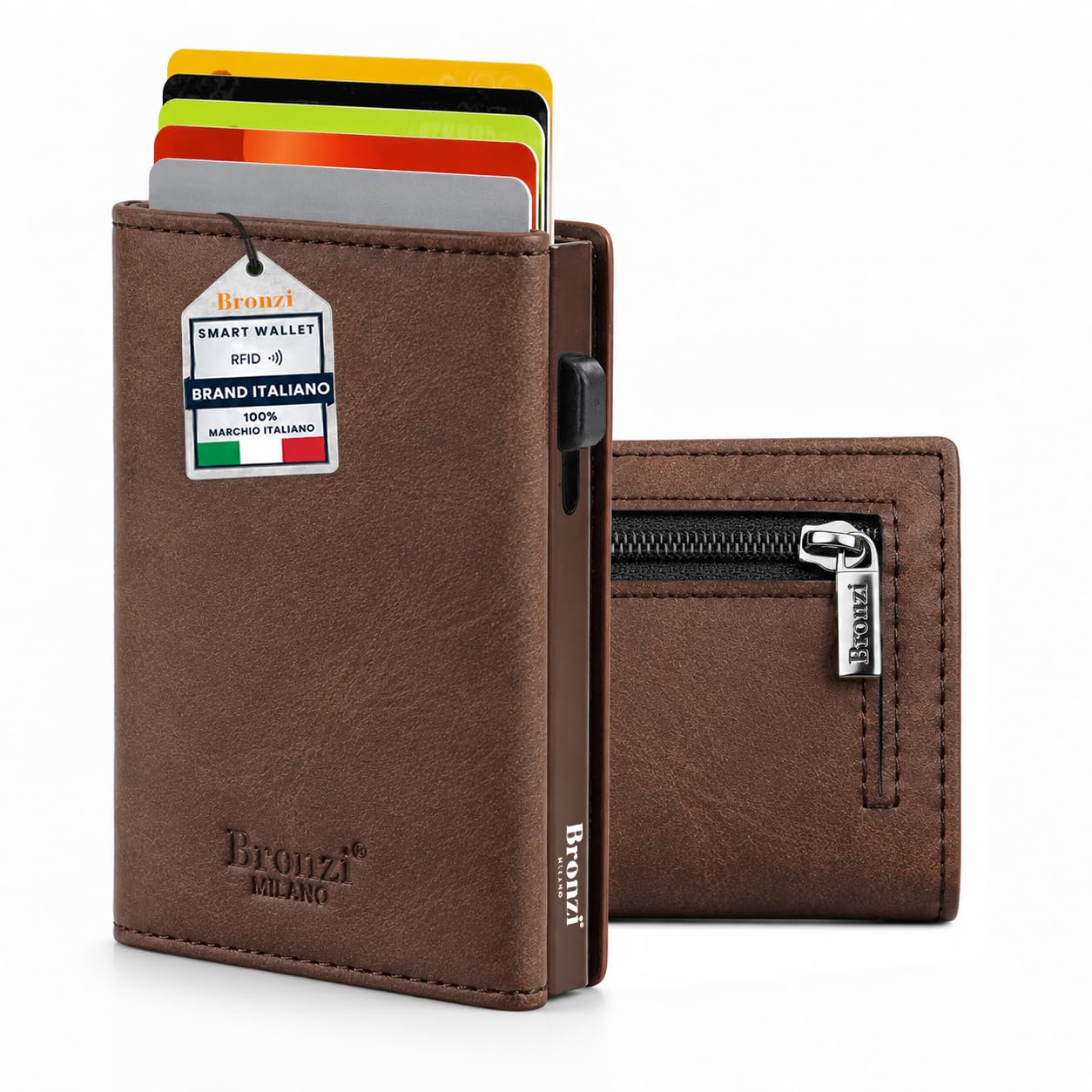 Bronzi Portafoglio Portafoglio Uomo Slim - In Pelle Marrone - Porta Carte Credito - Portacarte uomo - Mini Porta Tessere (Marrone Testa di Moro)