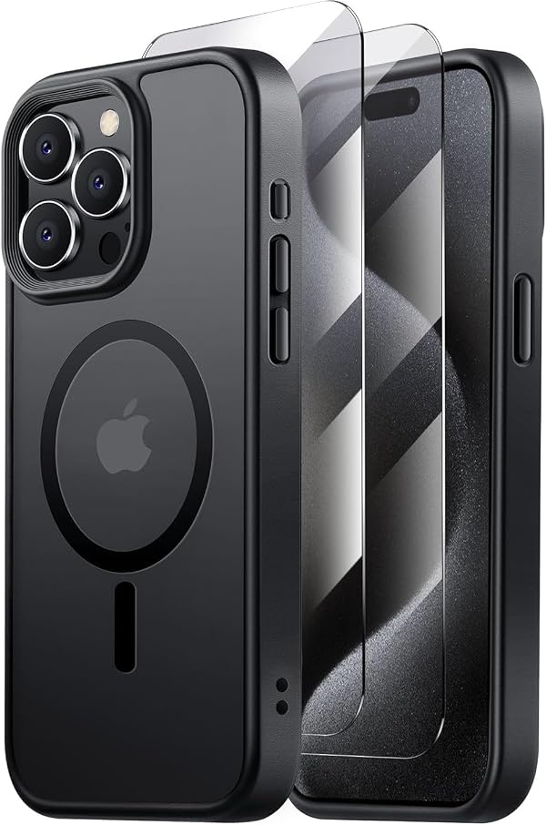 Tigowos for iPhone 15 Pro Max case,Compatible with MagSafe,[15FT Drop Resistant][2 Tempered-Glass Screen Protectors] Matte Skin-Feeling Shockproof case for iPhone 15 Pro Max Cases 6.7"，Matte Black by Tigowos - Used condition - US$6.90