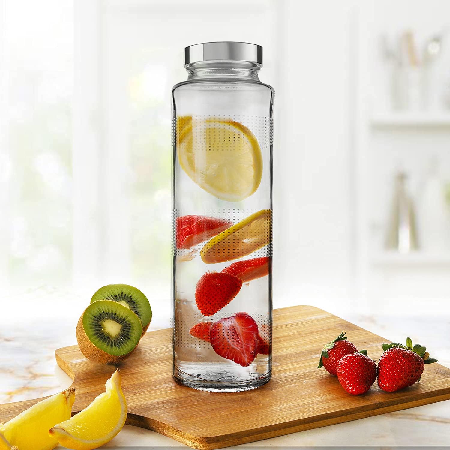 Glass Water Bottle with Leak-Proof Airtight Stainless Steel Lid for Water, Smoothie, Juices - 750ml (Set of 4)