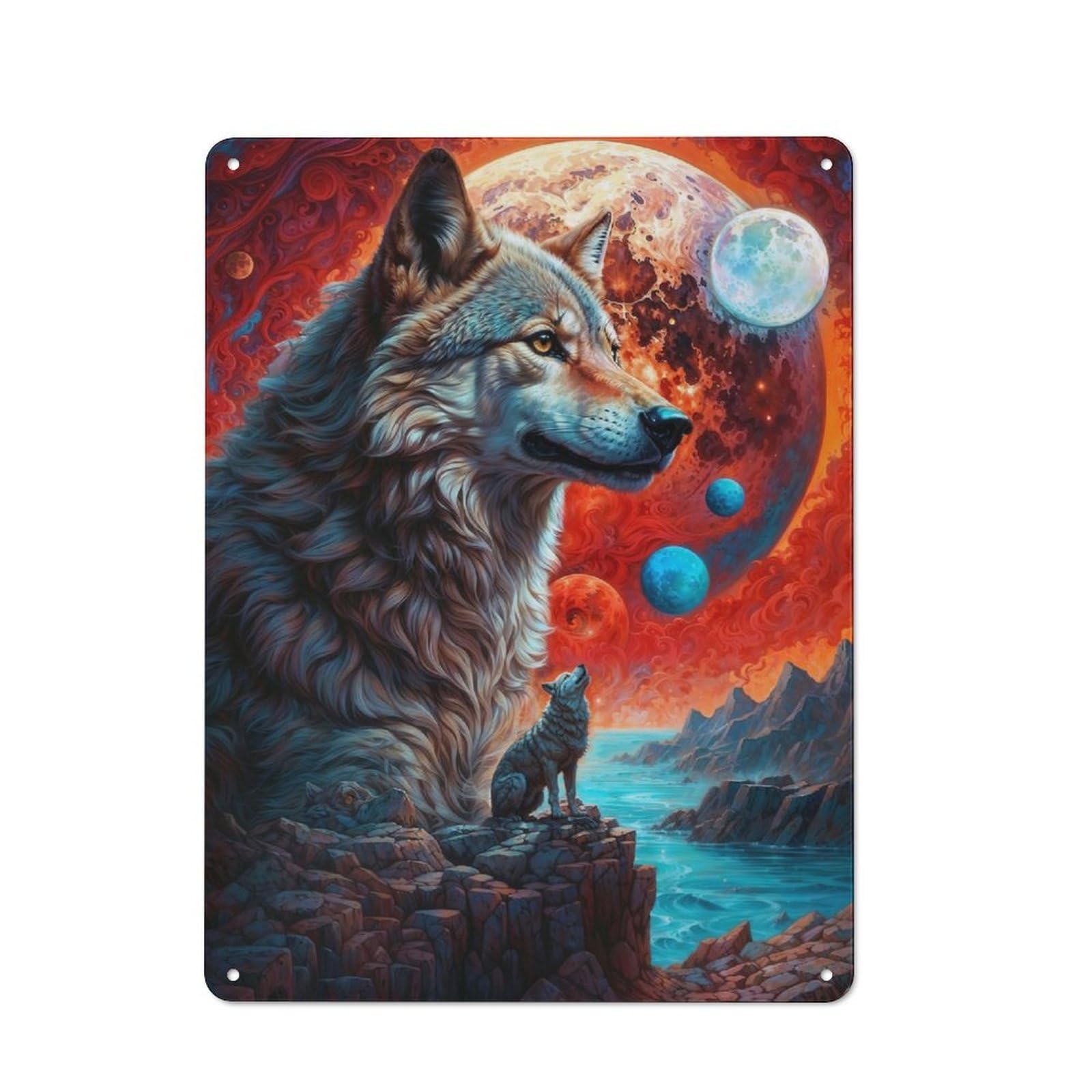 Junmoney Many Moons Lone Wolf Metal Sign 40X30cm With For Hallway Wall, Vintage Decor, For Garage, Workshop And Man Cave Decoration