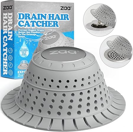 zaa Bathtub Drain Hair Catcher, Premium Silicone Shower Hair Catcher, 1Pack Collapsible Hair Stopper for Pop Up and Regular Drains of Shower, Bathtub, Bathroom, Sink, Gray