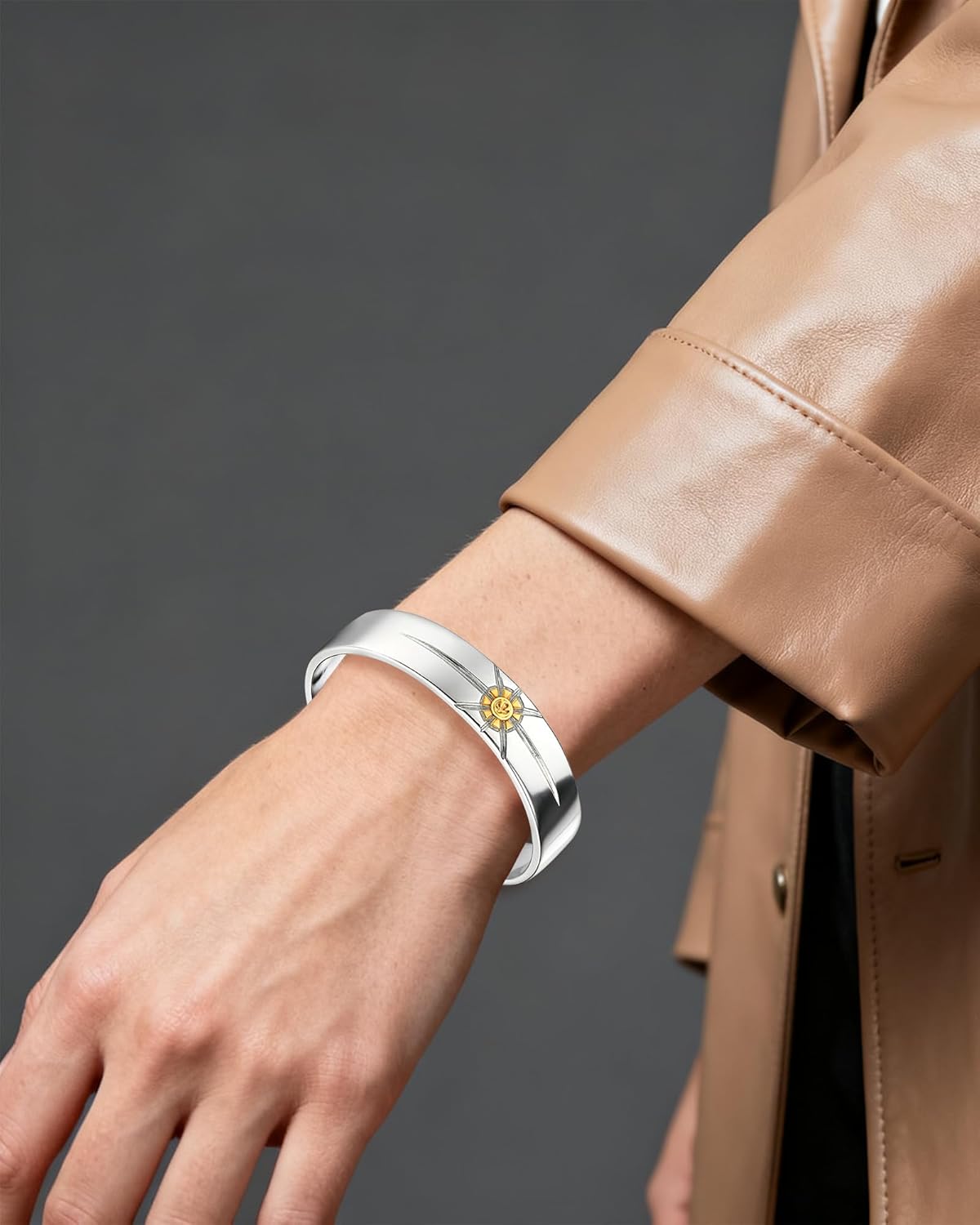 Sterling Silver Bracelet for Women with Engraved Yellow Star — Sterling Silver Bangles, Adjustable Bracelets for Women, Vintage Cuff Bracelet - Image 6