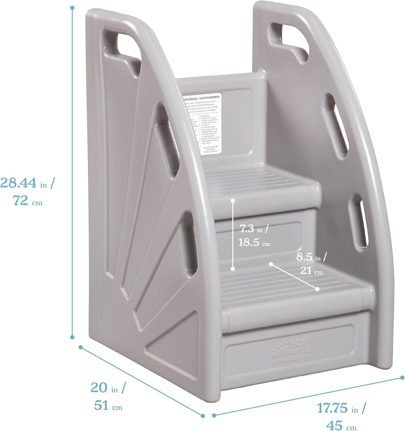 ECR4Kids Kiddie Climb Plastic Step Stool with Handles, 2-Step, Childrens Furniture, Grey