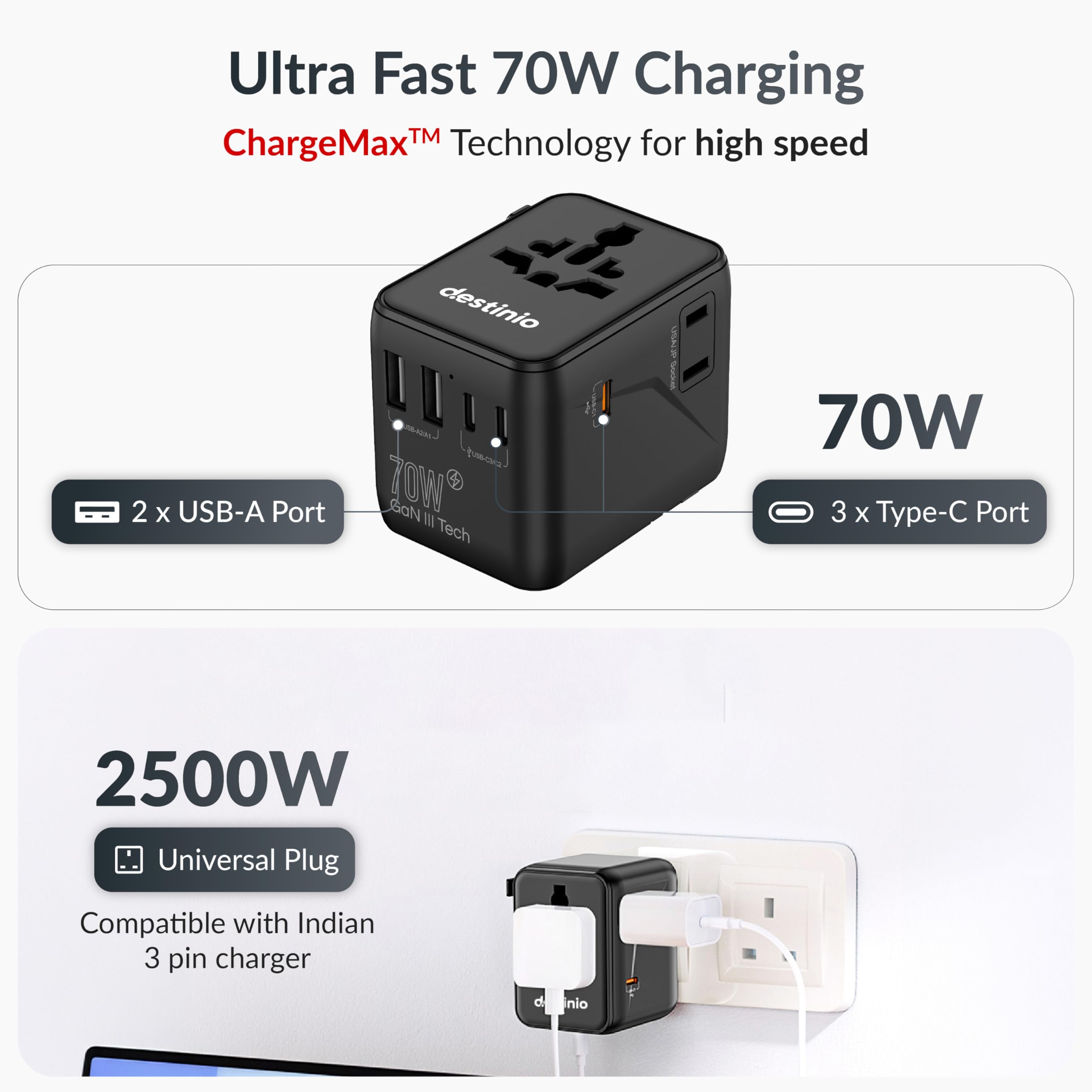 Destinio Universal Charger Adapter 70W - GaN Fast Charging Adapter for Laptop/MacBook with 3 Type C & 2 USB Ports, Compact Travel Adapter, All in One International Adapter for US, UK, Europe,Canada — Amazon image 3