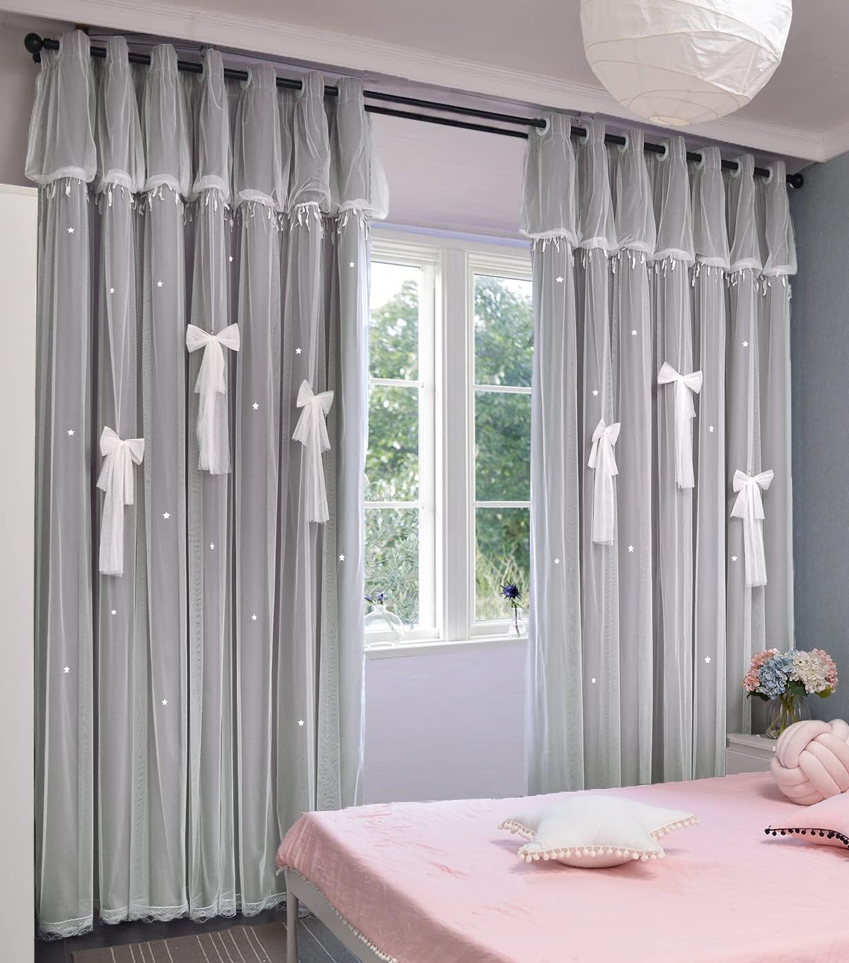Yancorp Room Darkening Curtains for Nursery Girls Kids Bedroom Dark Gray Star-Cutout and Sheer Curtains 63 inches Long Grommet Layered Window Curtain Panel(Dark Gray-Star Cutout, 52"x63")