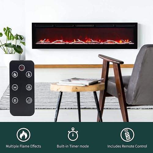 Miniatura 6 de EDYO LIVING Chimenea eléctrica de 50 pulgadas empotrada y montada en la pared y lineal con temporizador, control remoto, color de llama ajustable