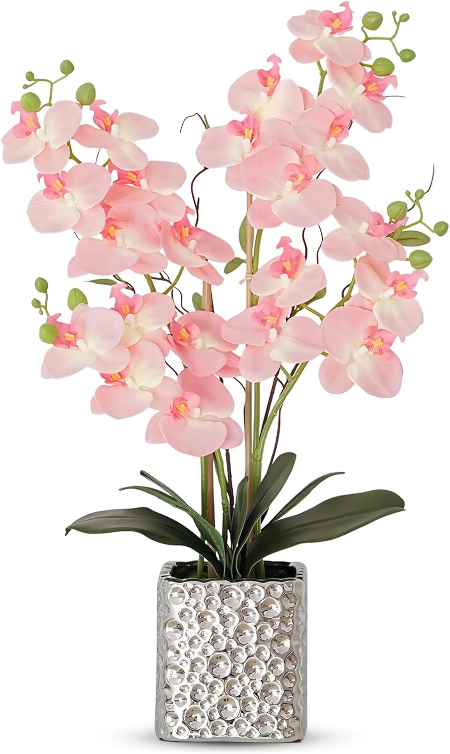 SJC Orchid Artificial Flowers with Sliver Vase Large Silk Faux Phalaenopsis Flowers for Dining Room Table Floral Centerpieces Indoor Decoration,Pink