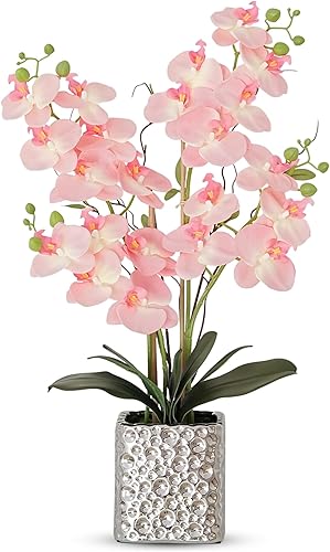 Flores artificiales de orquídea con jarrón plateado, flores de falaenopsis de seda sintética grande para mesa de comedor, centros de mesa florales,