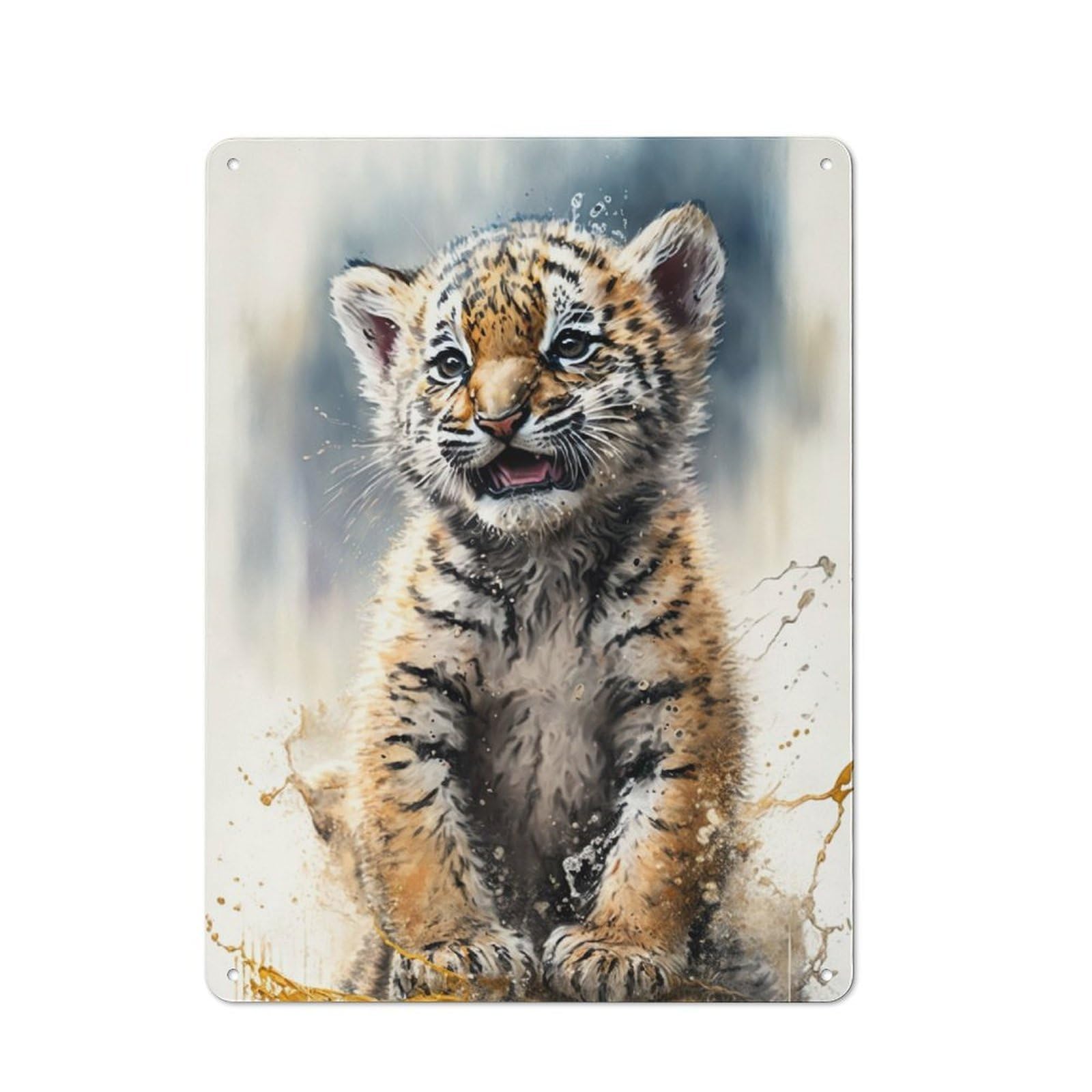 Junmoney Tiger Watercolor Drawing Rustic Metal Sign 40X30cm For Living Room Or Hallway, For Winter Room Styling In Living Room And Hallway
