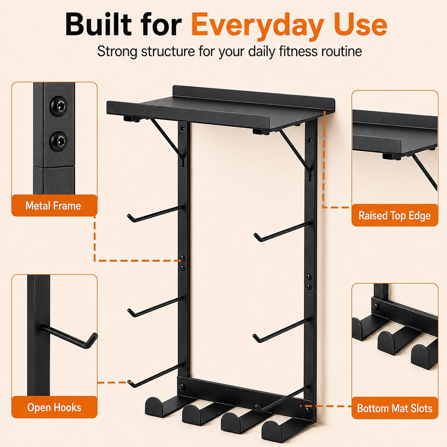 Yoga Mat Holder, Home Gym Storage Rack with Shelf, 6 Hooks and 4 Slots | Durable metal frame holds yoga mats, foam rollers and blocks, creating organized storage for home gyms and workout rooms