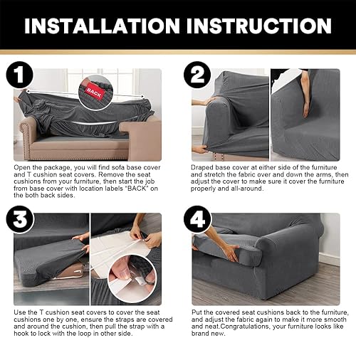 Miniatura 9 de Paquete de fundas de sofá con cojín en forma de T de 3/4 piezas, protector de muebles, patrón a cuadros, extraíbles y lavables, color gris