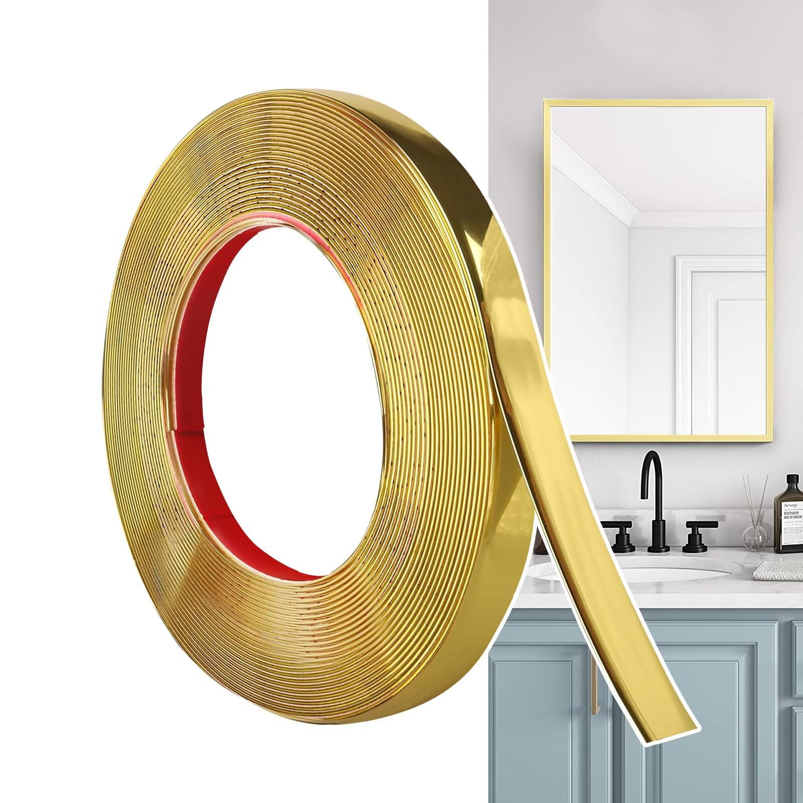 Hengrongshen Self Adhesive Moulding Trim Matte Gold (12M x 1.5cm) Flexible PVC Peel and Stick Wall Trim Decorative Edge Strip for Wall, Tile, Mirror, Window, Cabinet, Bathroom, DIY Trim — image 1