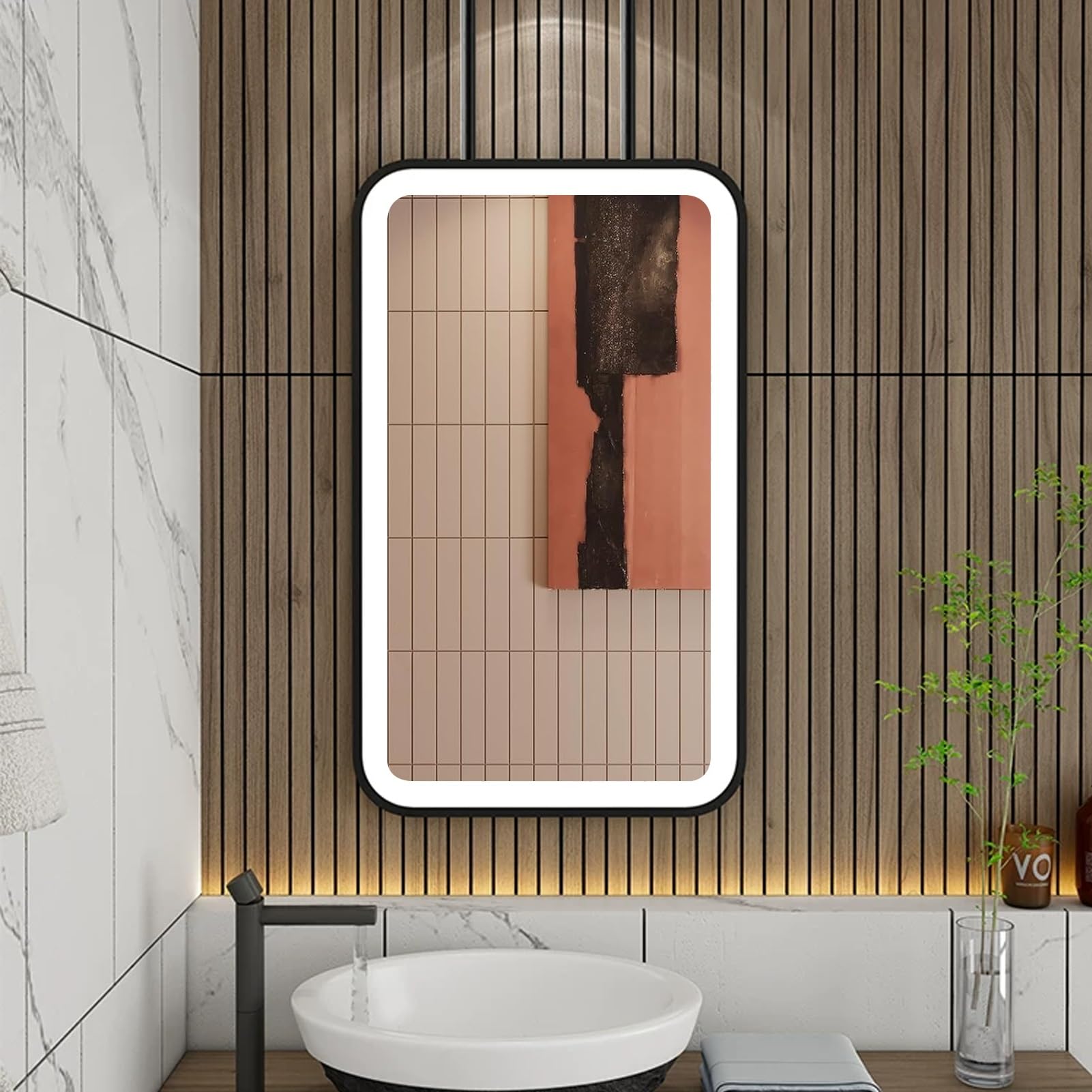 FGXHHS Black Ceiling Hanging Mirror｜LED s Rectangle Decorative Mirror for Wall｜Floating Glass Washroom Shaving｜3 Colors Dimmable Light(40cmx70cm)