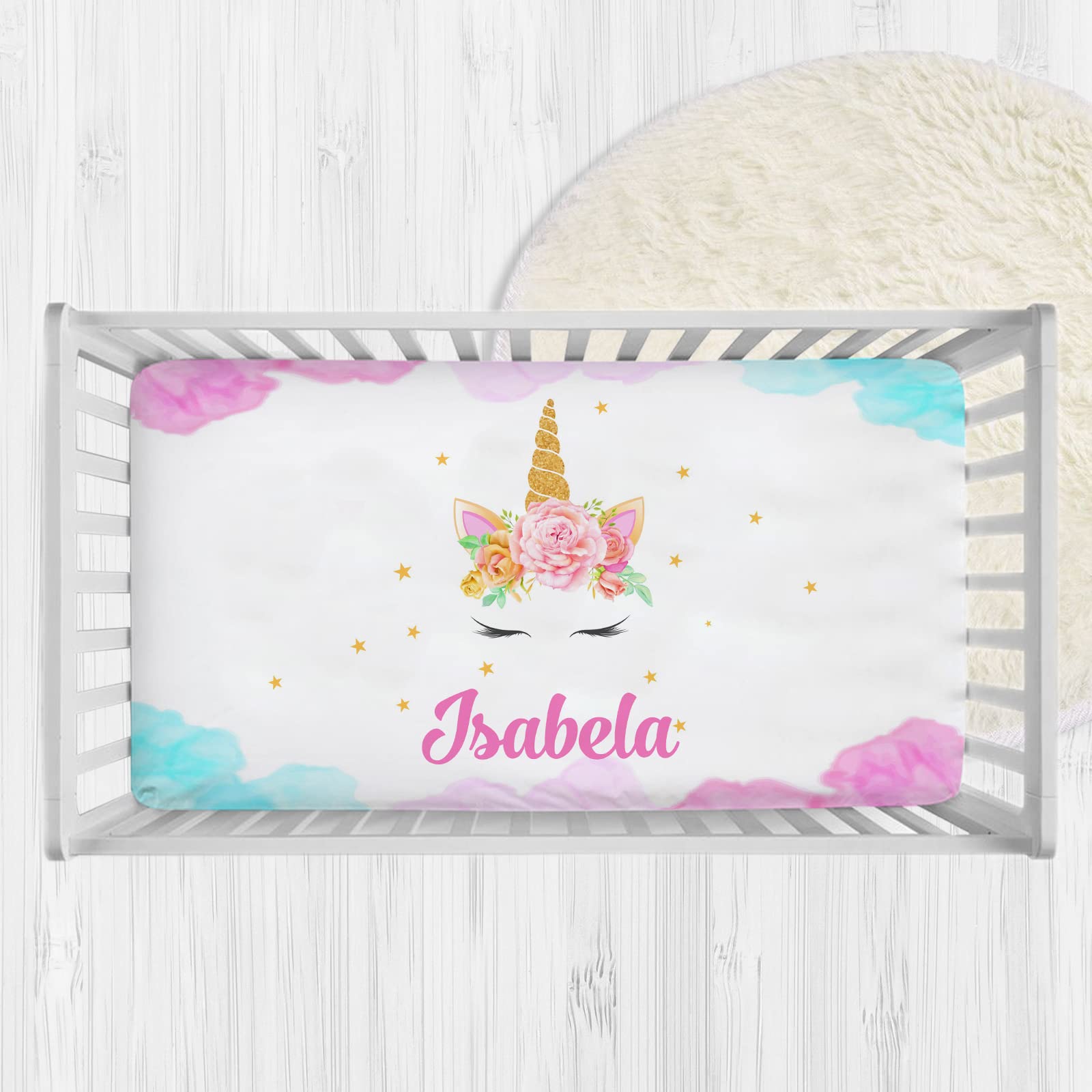 Personalized Unicorn Baby Crib Sheets for Baby Girls, Custom Fitted Crib Bedding Sheets with Name, Mini Crib Sheet, Pack and Play Sheets, Crib Mattress Sheets, Name Crib Sheets