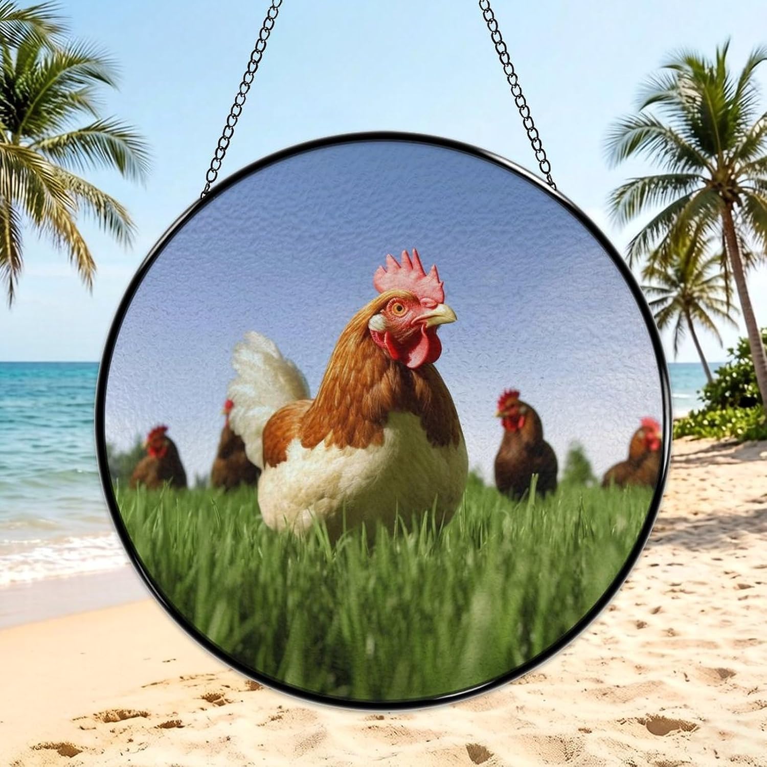 Funny Chicken Grass Stained Glass Suncatcher for Garden, Window Hanging image 3