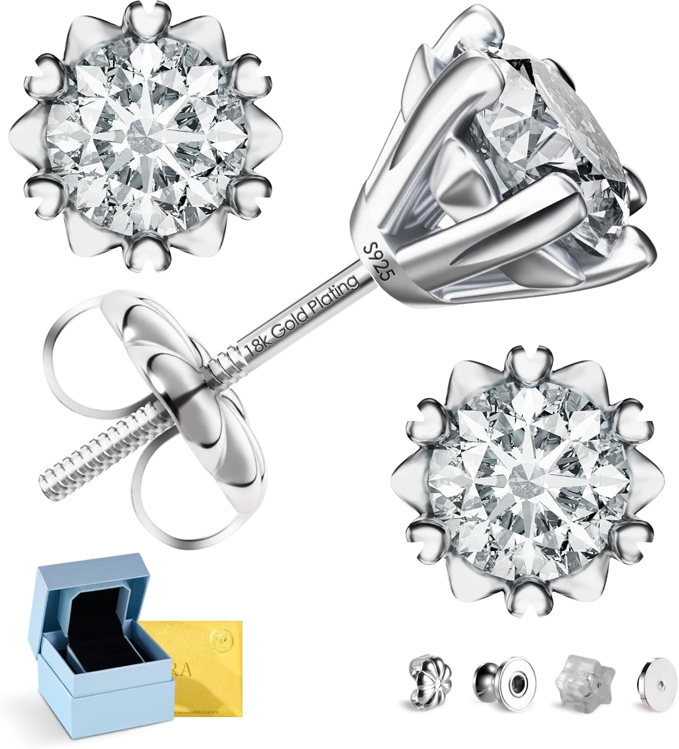 Moissanite Stud Earrings for Men and Women, Lab Created Diamond Alternative D Color VVS1 Clarity Hypoallergenic, Screw Back 18K White Gold Plated 925 Sterling Silver (0.5-3ct)