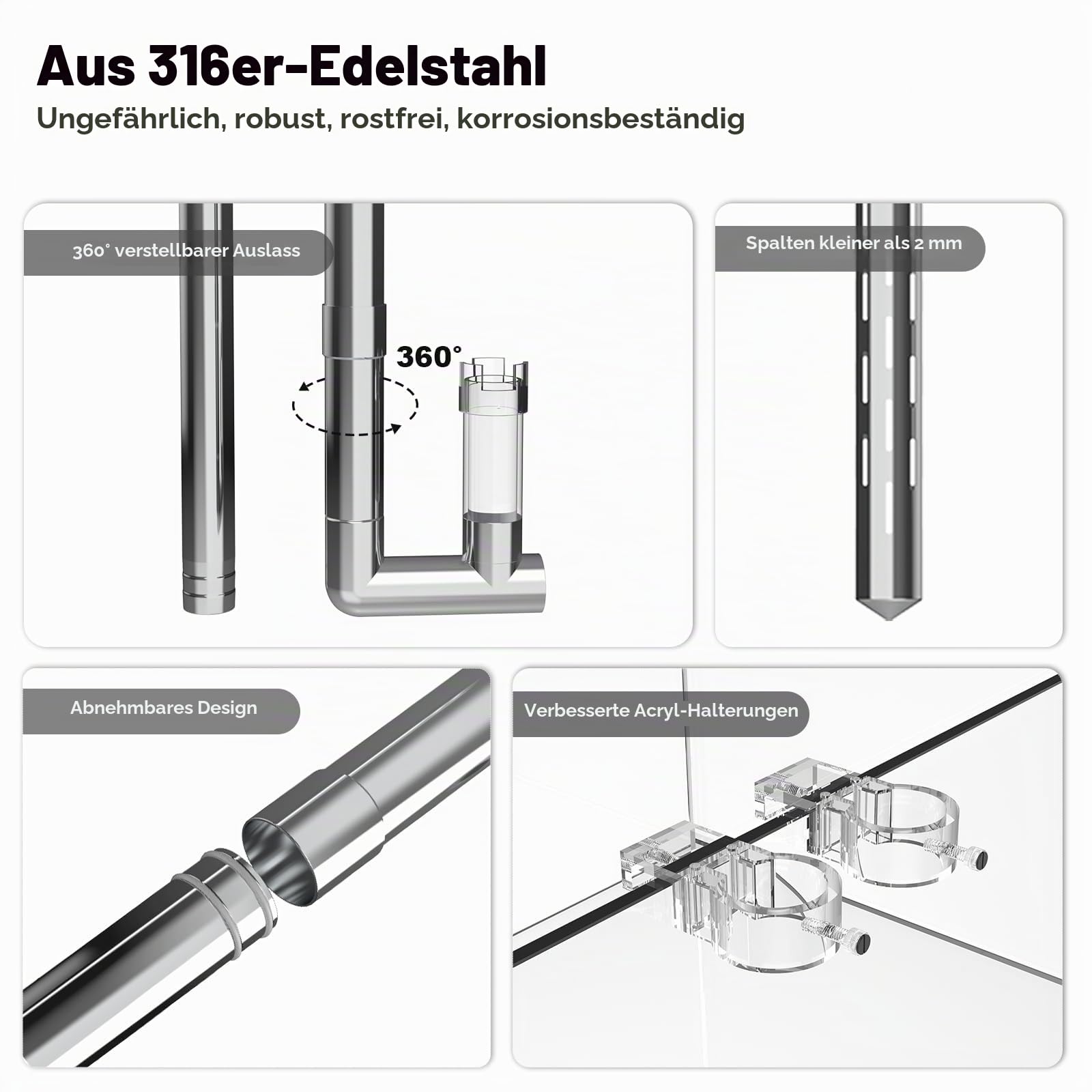 FZONE Edelstahl Lily Pipes Für Aquarium, Verbesserter Auslauf Mit Oberflächenskimmer Und Abnehmbarem 11 cm Verlängerungsrohr (16MM for 5/8'' Hose)