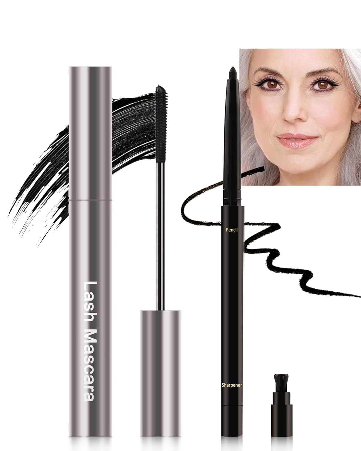 Black Mascara & Eyeliner Set for Older Women 60 Plus, Tube Mascara Volume and Length, Cream Waterline Eyeliner Gel Pencil, for Thinning Lashes, Sensitive Eyes, Waterproof Smudge Proof Long Lasting