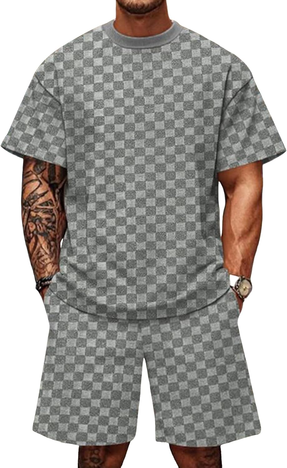 Yimoon Mens 2 Piece Outfits Casual Geometric Texture Short Sleeve Shirt and Shorts Set Summer Tracksuits