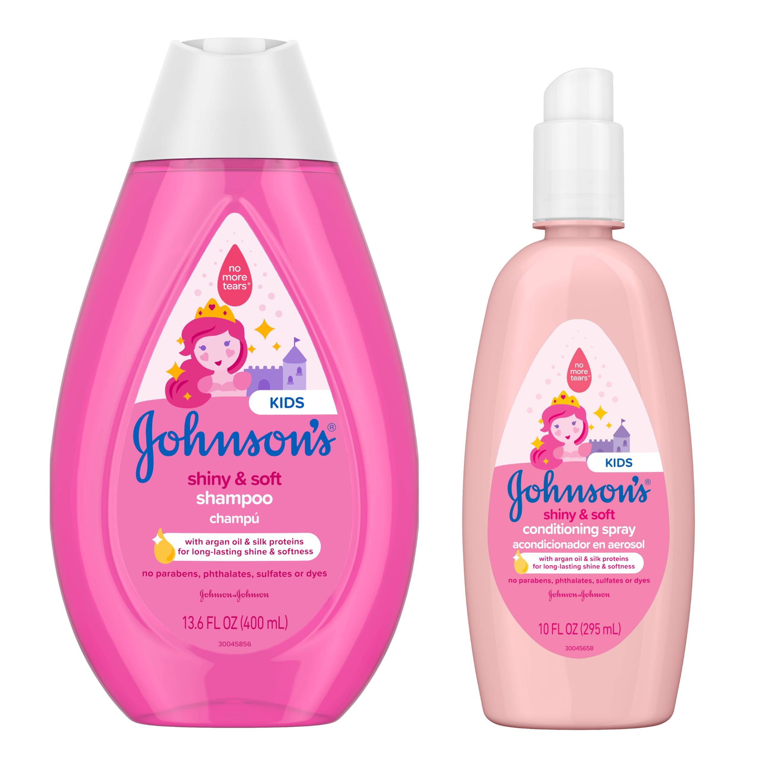Bundle of Johnson's Kids Shiny & Soft Tear-Free Kids' Shampoo with Argan Oil & Silk Proteins, Hypoallergenic, Sulfate-Free, 13.6 fl. oz + Conditioning Spray for Toddler Haircare, 10 fl. oz Shampoo + Conditioner Spray