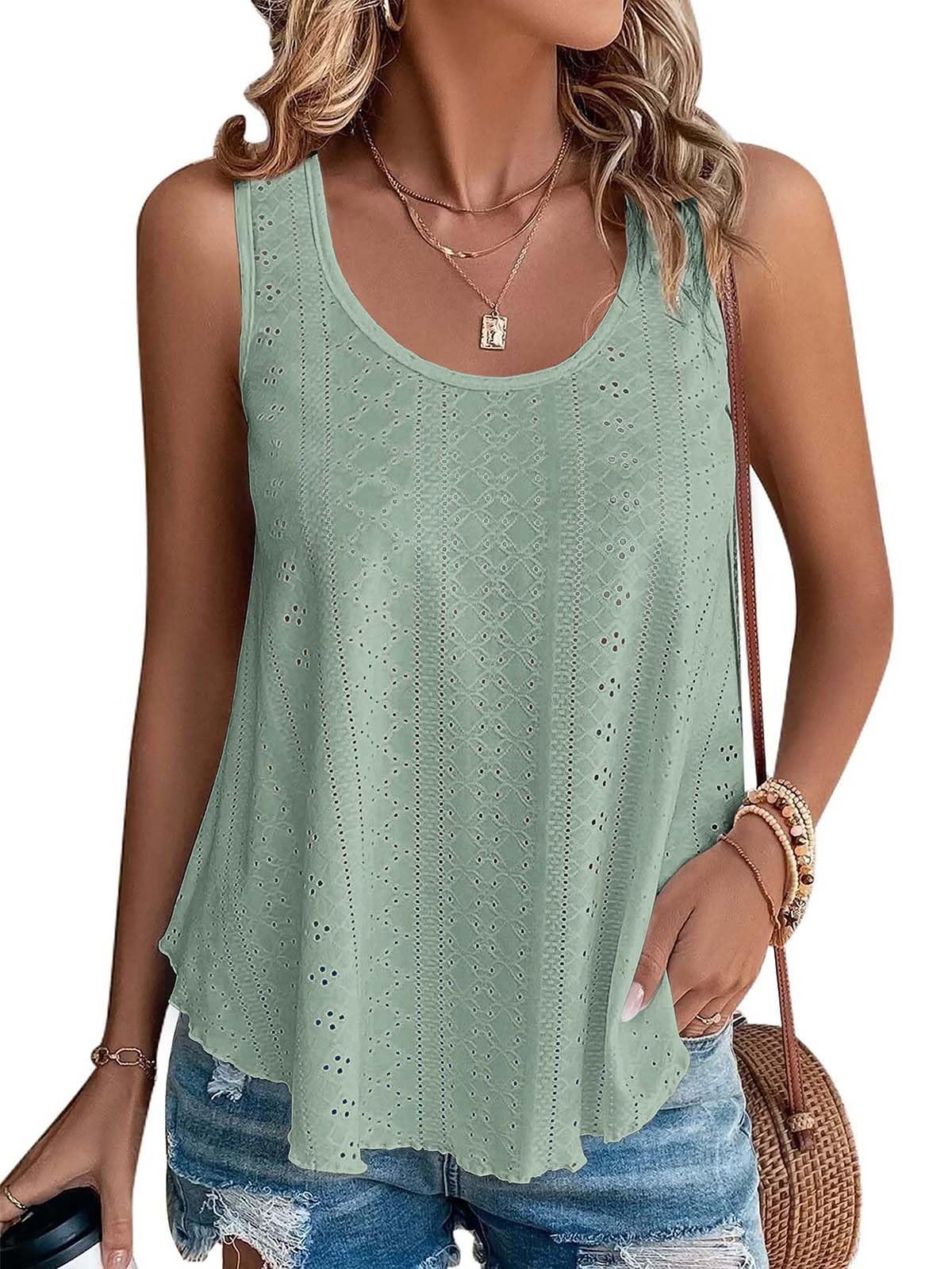 ATHMILE Womens Tank Tops Sleeveless Eyelet Embroidery Scoop Neck Loose Fit Casual Summer Flowy Beach