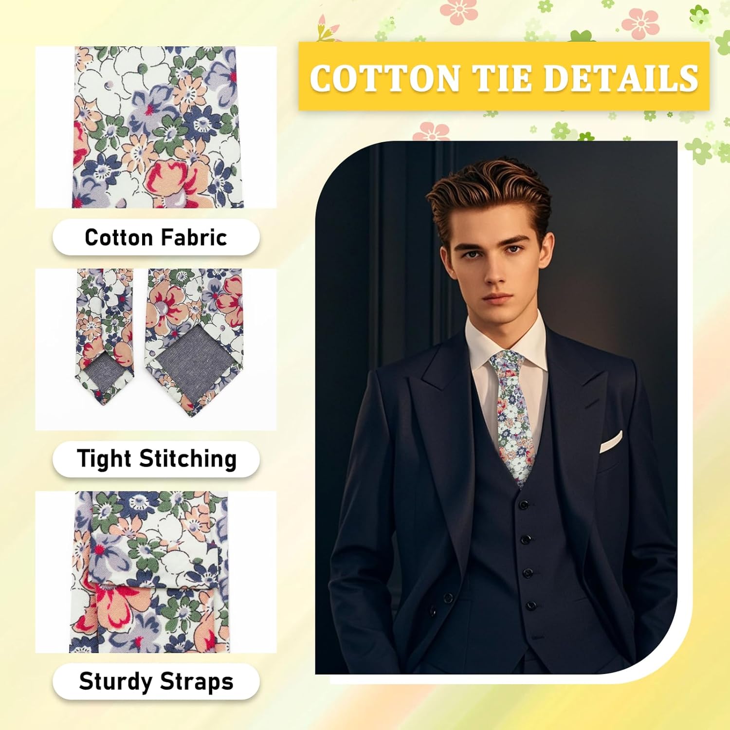 Floral Ties for Men, Cotton Self-tied Mens Ties Flower Printed Men's Neckties for Wedding Graduation School Casual - Image 3