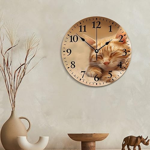 Miniatura 2 de Reloj de pared de gato atigrado naranja dormido de 10 pulgadas, bonito reloj de pared con animales, funciona con pilas, sin tictac, reloj de madera