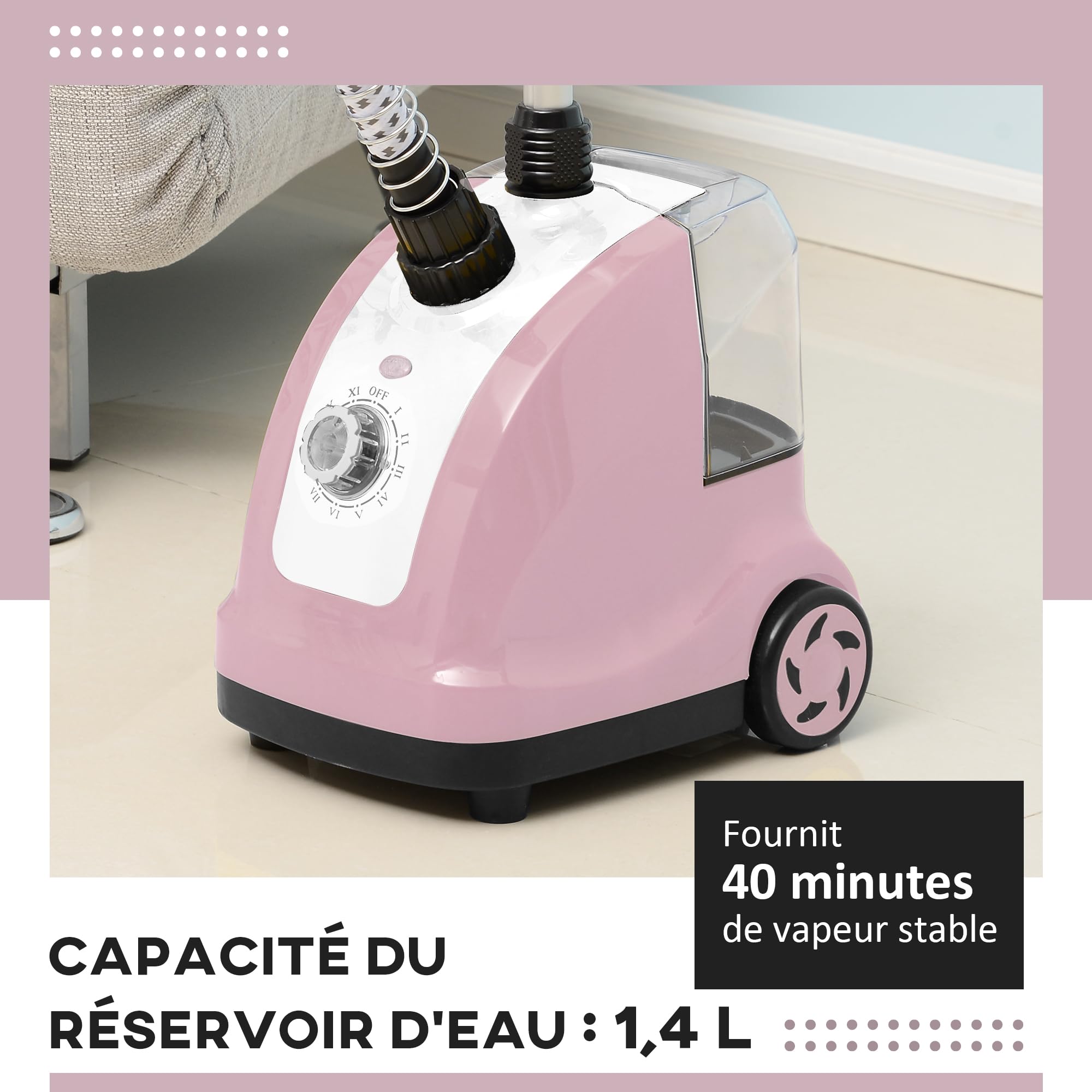 HOMCOM Défroisseur vapeur vertical défroisseur à vêtements 1,4 L 1950 W débit vapeur 32g/min tige telescopique rose noir