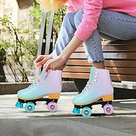 LIKU Quad Roller Skates for Girl and Women with All Wheel Light Up,Indoor/Outdoor Lace-Up Fun Illuminating Roller Skate for Kid (Purple, J12-J13)
